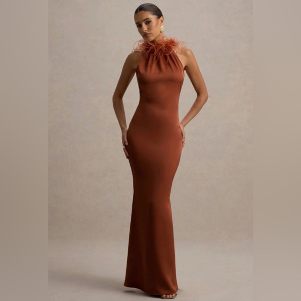 Club L London Bianca Rust Satin Feather Trim Maxi Dress Sz. 6 NWT!